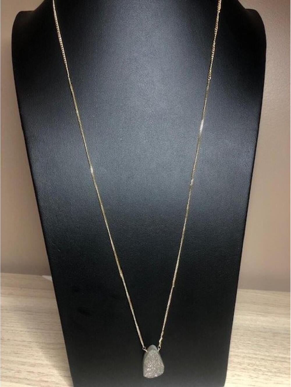 B4471 Luna Norte Gold Tone Druzy Pendant Necklace 30" Raw Stone Crescent moon